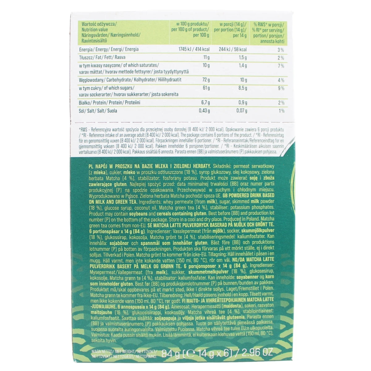 The back of a green and white cardboard package for a herbal tea product, showing nutritional information and ingredients in Polish and English.