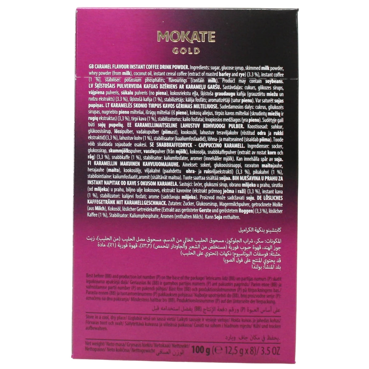 Back of Mokate Gold Caramel Flavour Cappuccino (8 Sachets) box displaying ingredients, nutritional information, and multilingual text on a pink and black background. Ideal for enjoying the convenient caramel flavour cappuccino sachets from Mokate.