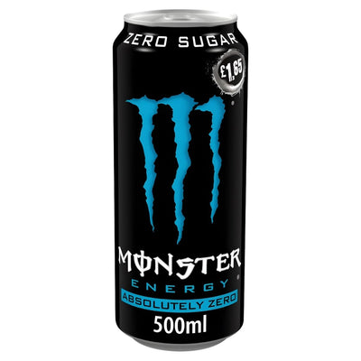 A 500ml can of Monster Absolutely Zero Sugar Energy Drink by Monster, featuring a black and blue design with a £1.65 price label on the top right.