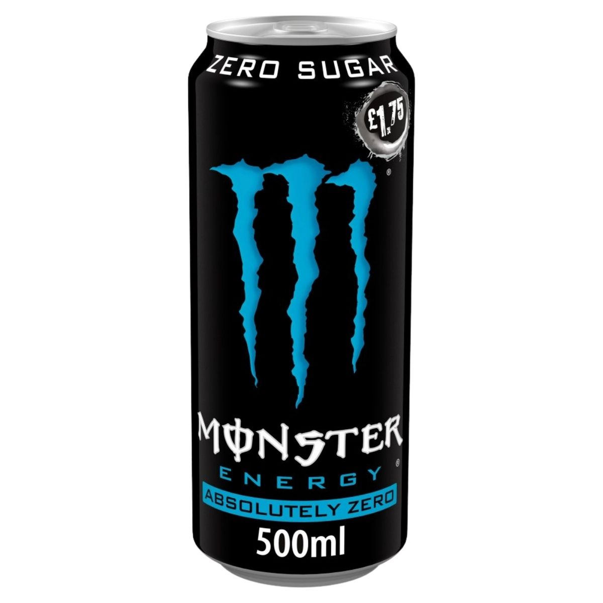 A 500ml can of Monster - Absolutely Zero Sugar Energy Drink, featuring a blue and black design, costs £1.75.