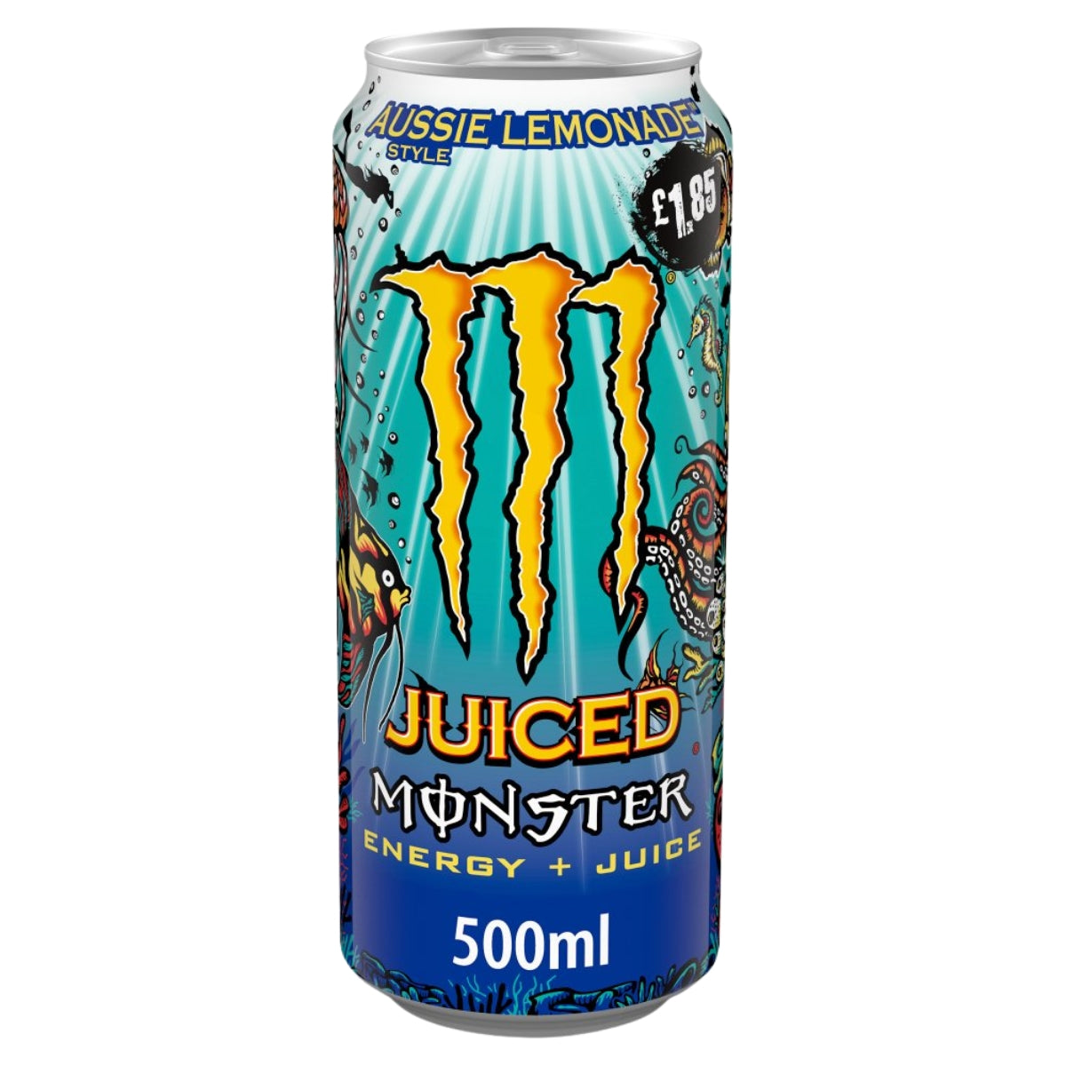A 500ml can of Monster - Aussie Lemonade Energy Drink, a bold beverage from Monster packed with caffeine and taurine, featuring a blue ocean-themed design and priced at £1.85.