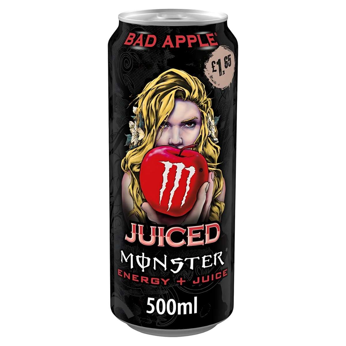 A 500ml can of Monster - Bad Apple Energy Drink showcases a woman with an apple design, ideal for energizing intense workouts with its vibrant flavor and energy boost.