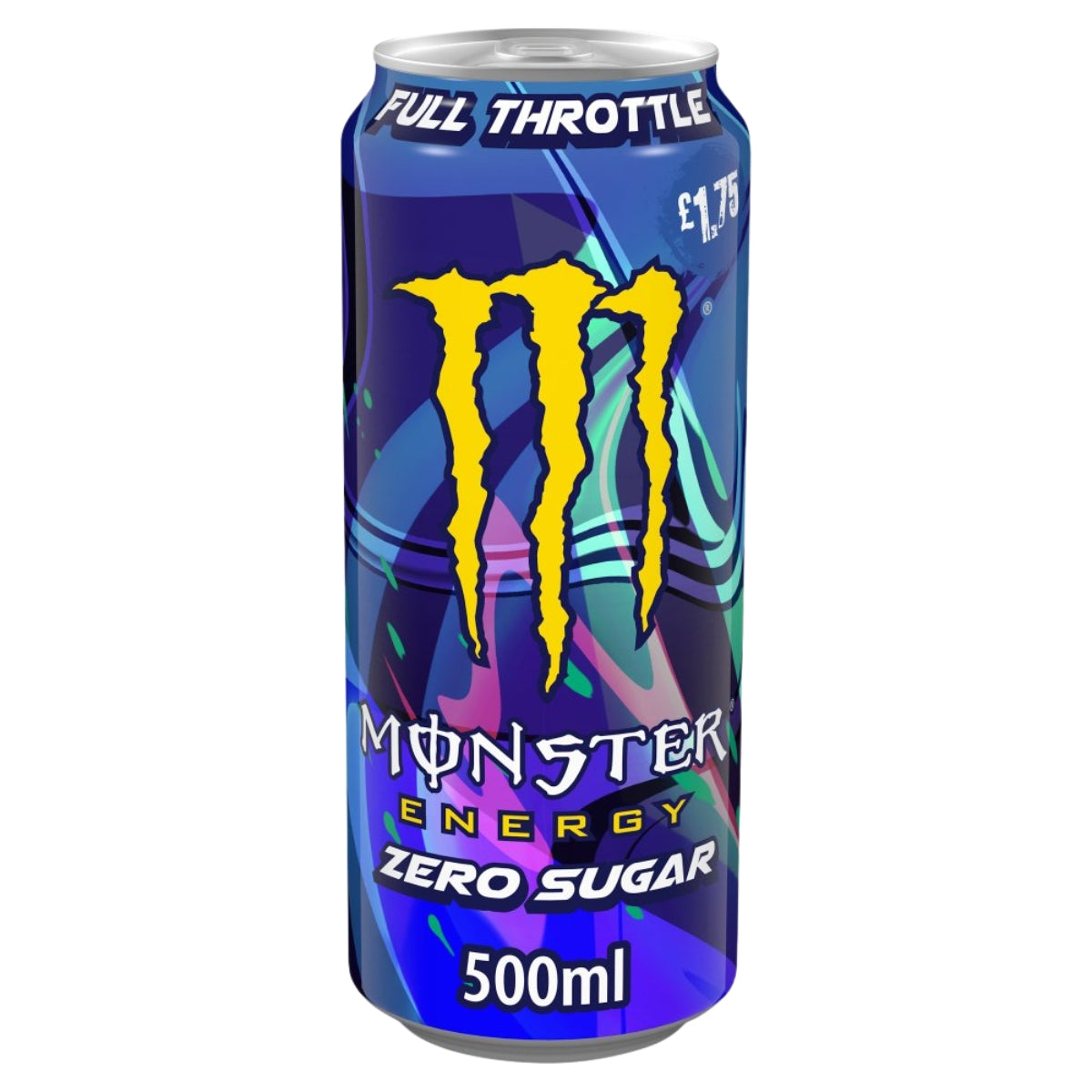 A 500ml can of Monster - Full Throttle Energy Drink by Monster, featuring a blue and multicolor design with a yellow claw logo, is price marked at £1.75.