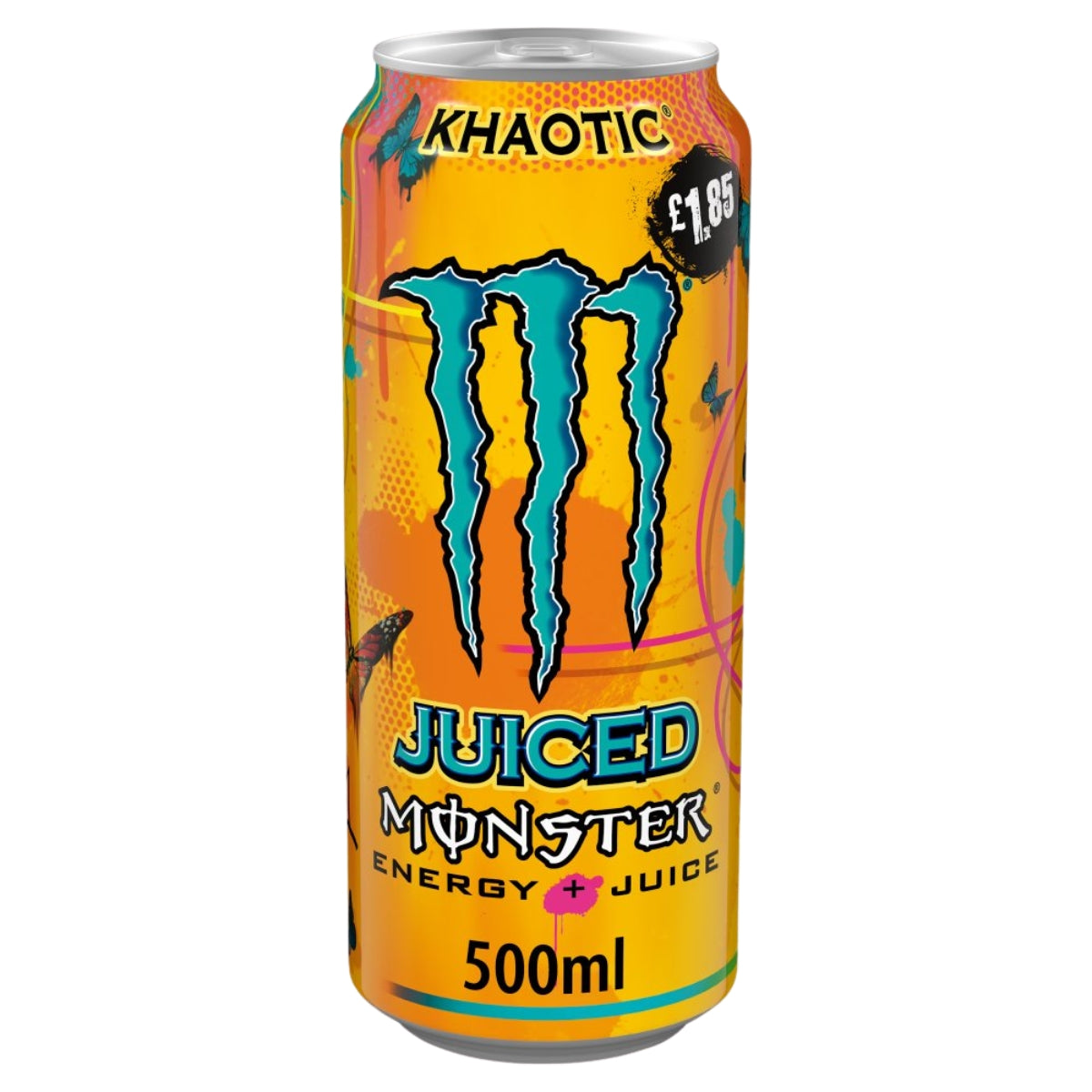A 500ml can of Monster Juiced Energy + Juice in the Khaoic flavor, featuring a vibrant orange and yellow label with the iconic blue claw logo and colourful abstract designs.