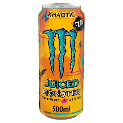 A 500ml can of Monster Juiced Energy + Juice in the Khaoic flavor, featuring a vibrant orange and yellow label with the iconic blue claw logo and colourful abstract designs.