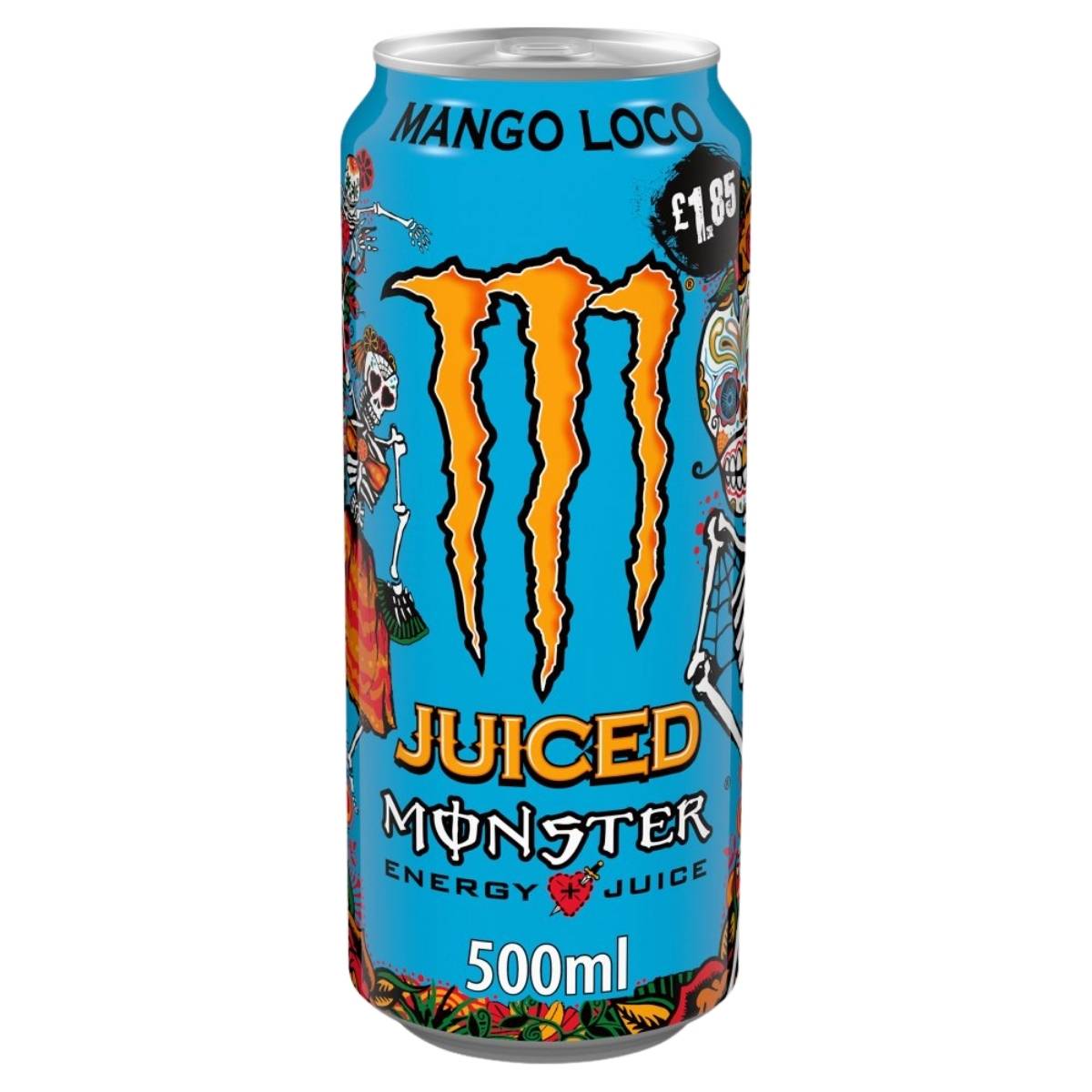 A 500ml can of Monster - Mango Loco Energy Drink by Monster, featuring a blue background, orange logo, decorative skeletons, and a £1.85 price label on the top right. Taste the bold mango flavour in every sip.