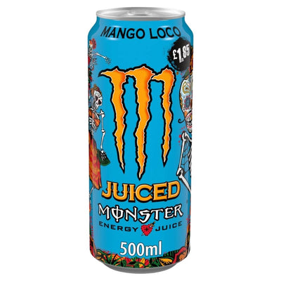 A 500ml can of Monster - Mango Loco Energy Drink by Monster, featuring a blue background, orange logo, decorative skeletons, and a £1.85 price label on the top right. Taste the bold mango flavour in every sip.