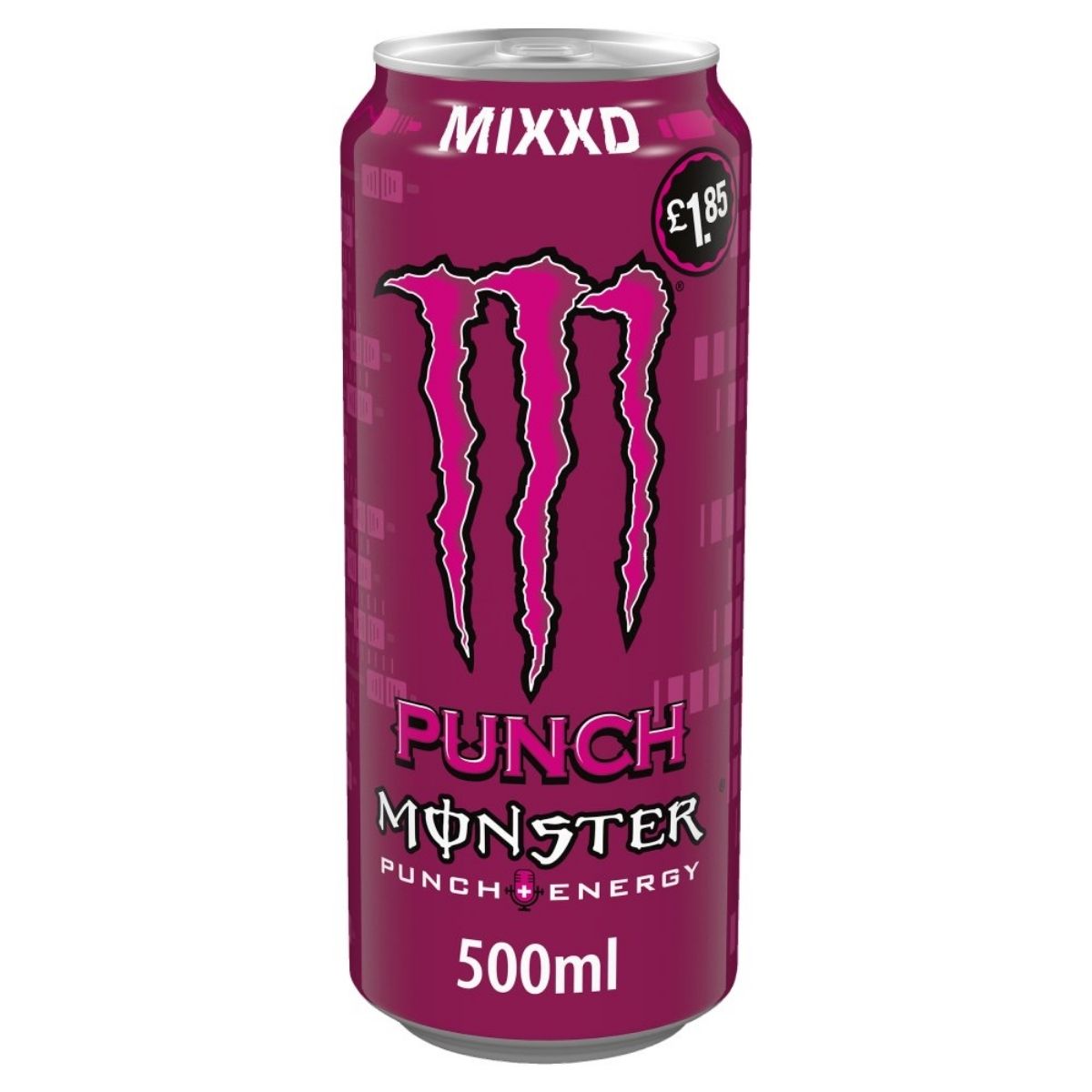 Monster Energy drink can with pink design on a white background