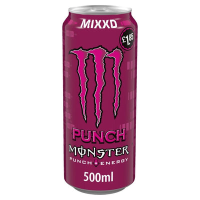 Monster Energy drink can with pink design on a white background
