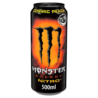 A 500ml can of Monster Nitro Cosmic Peach Energy Drink, with orange and black design and a £1.75 price sticker at the top right. This vegan drink delivers the bold taste of Cosmic Peach.
