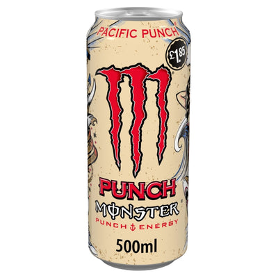 A 500ml can of Monster - Pacific Punch Energy Drink by Monster, featuring a beige background, red logo, price label, and nautical-themed artwork. This exotic fruit-flavoured energy drink provides an invigorating boost with every sip.