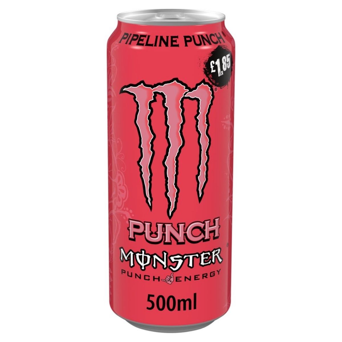 A 500ml can of Monster - Pipeline Punch Energy Drink by Monster, with bold red and pink design, priced at £1.85.