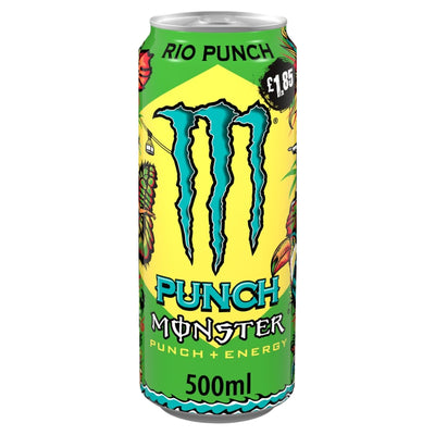 A 500ml can of Monster Punch energy drink, featuring the iconic teal claw logo on a bright yellow and green label with tropical fruit illustrations.
