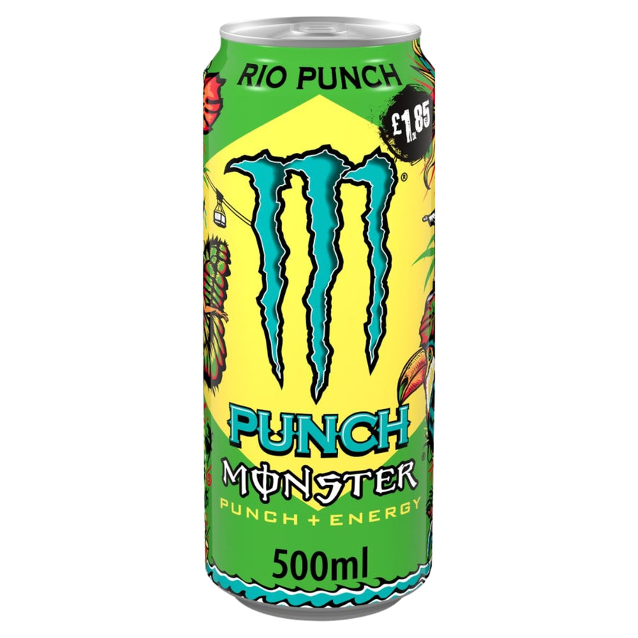 A 500ml can of Monster Punch energy drink, featuring the iconic teal claw logo on a bright yellow and green label with tropical fruit illustrations.
