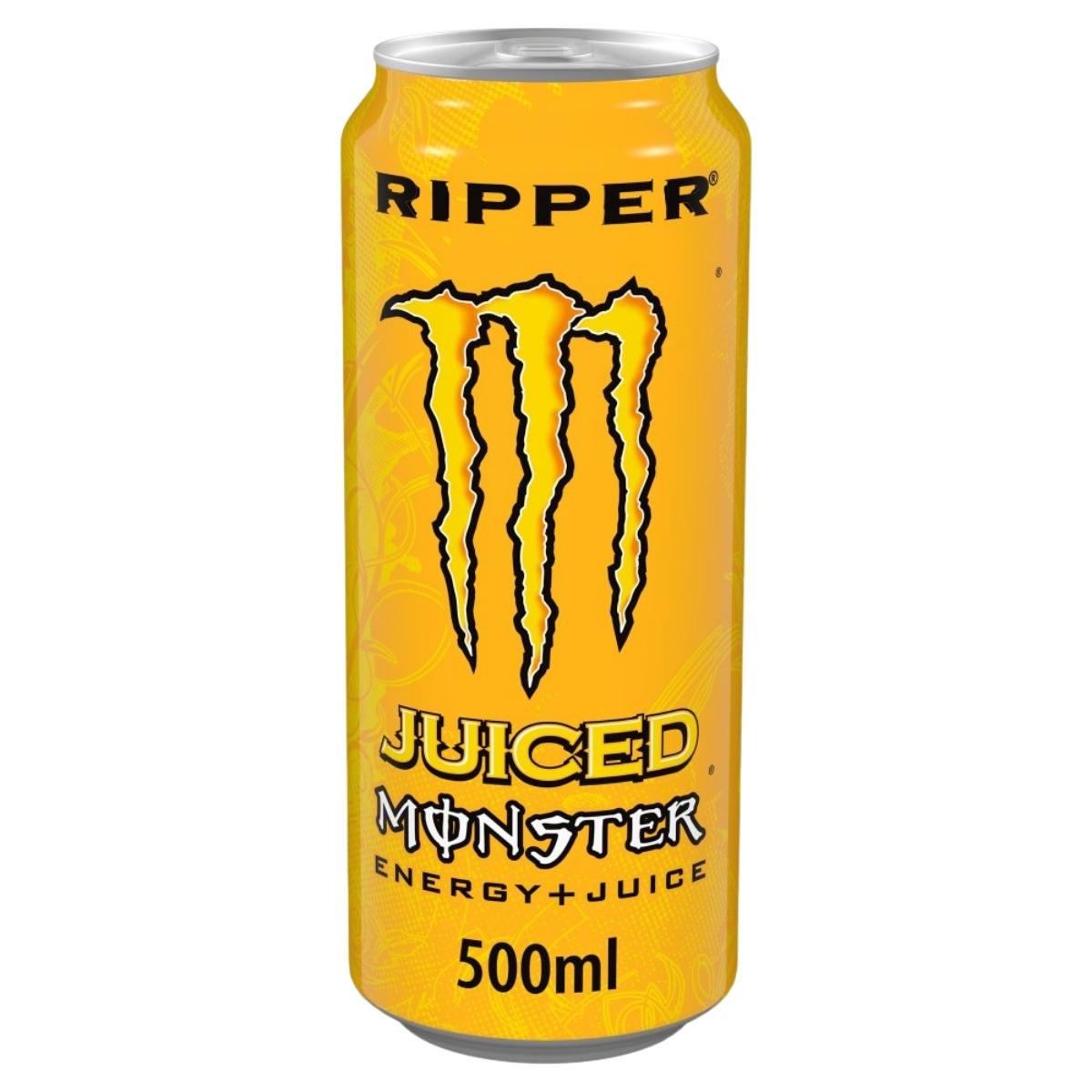 A 500ml can of Monster Ripper Energy Drink by Monster, with a yellow design featuring the Monster logo—this tropical energy drink delivers a strong energy boost.