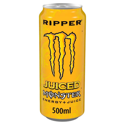 A 500ml can of Monster Ripper Energy Drink by Monster, with a yellow design featuring the Monster logo—this tropical energy drink delivers a strong energy boost.