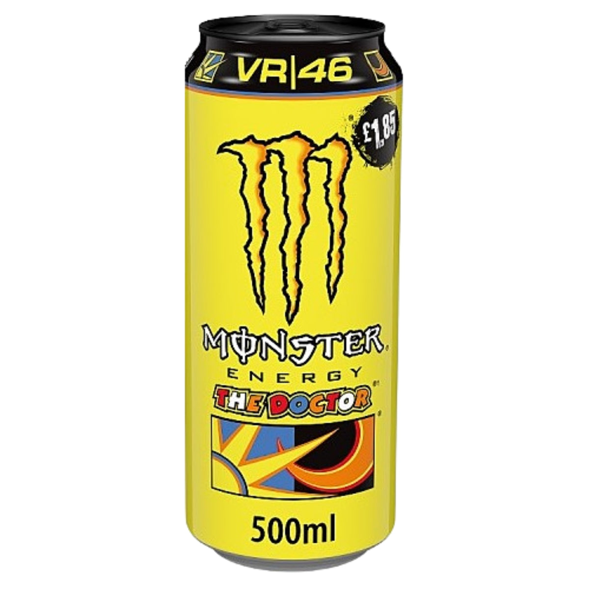 A 500ml can of Monster - The Doctor Energy Drink from Monster, featuring stylized yellow VR|46 branding and graphics, priced at £1.95.
