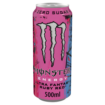 A 500ml can of Monster Ultra Fantasy Ruby Red Energy Drink, a citrus-flavored, zero sugar beverage from Monster, featuring a pink design with black and white graphics.
