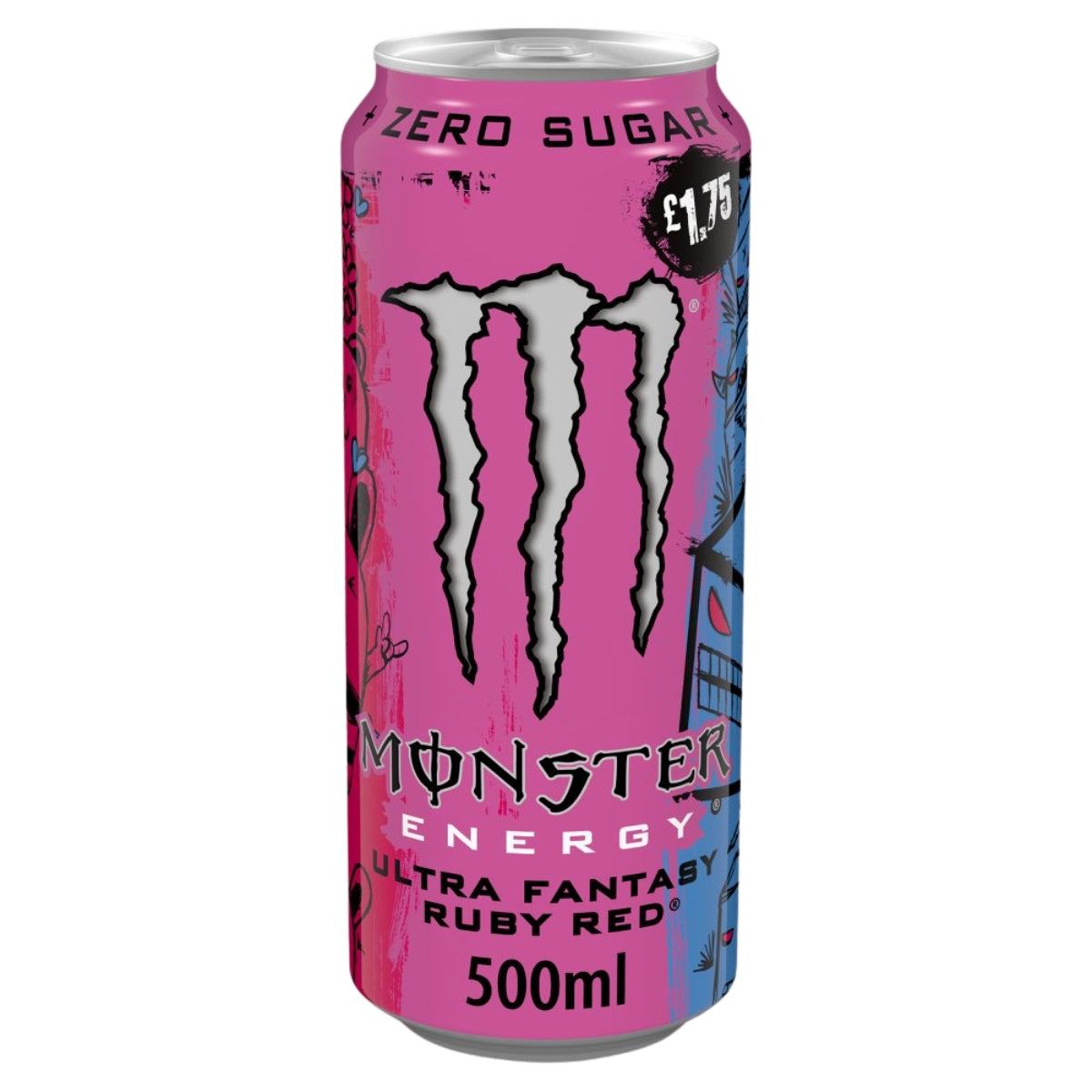 A 500ml can of Monster - Ultra Fantasy Ruby Red Energy Drink by Monster, a zero sugar beverage with taurine and ginseng extract, comes in a pink design and is priced at £1.75.