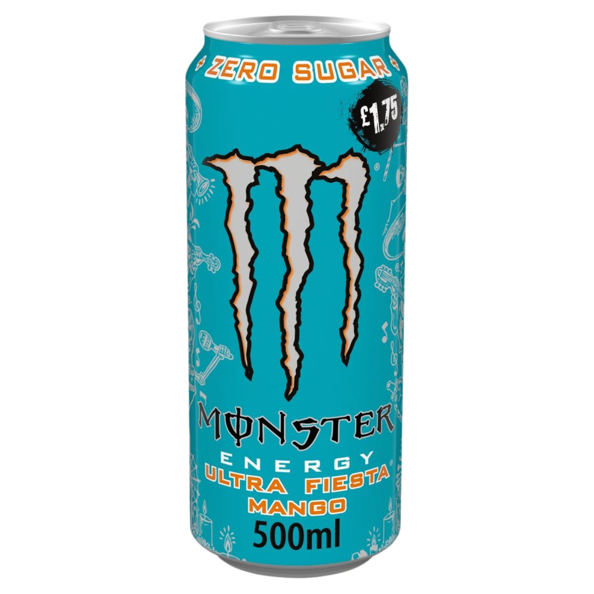 A 500ml can of Monster - Ultra Fiesta Mango Energy Drink by Monster, offering a refreshing mango flavour, with a blue background and priced at £1.75.