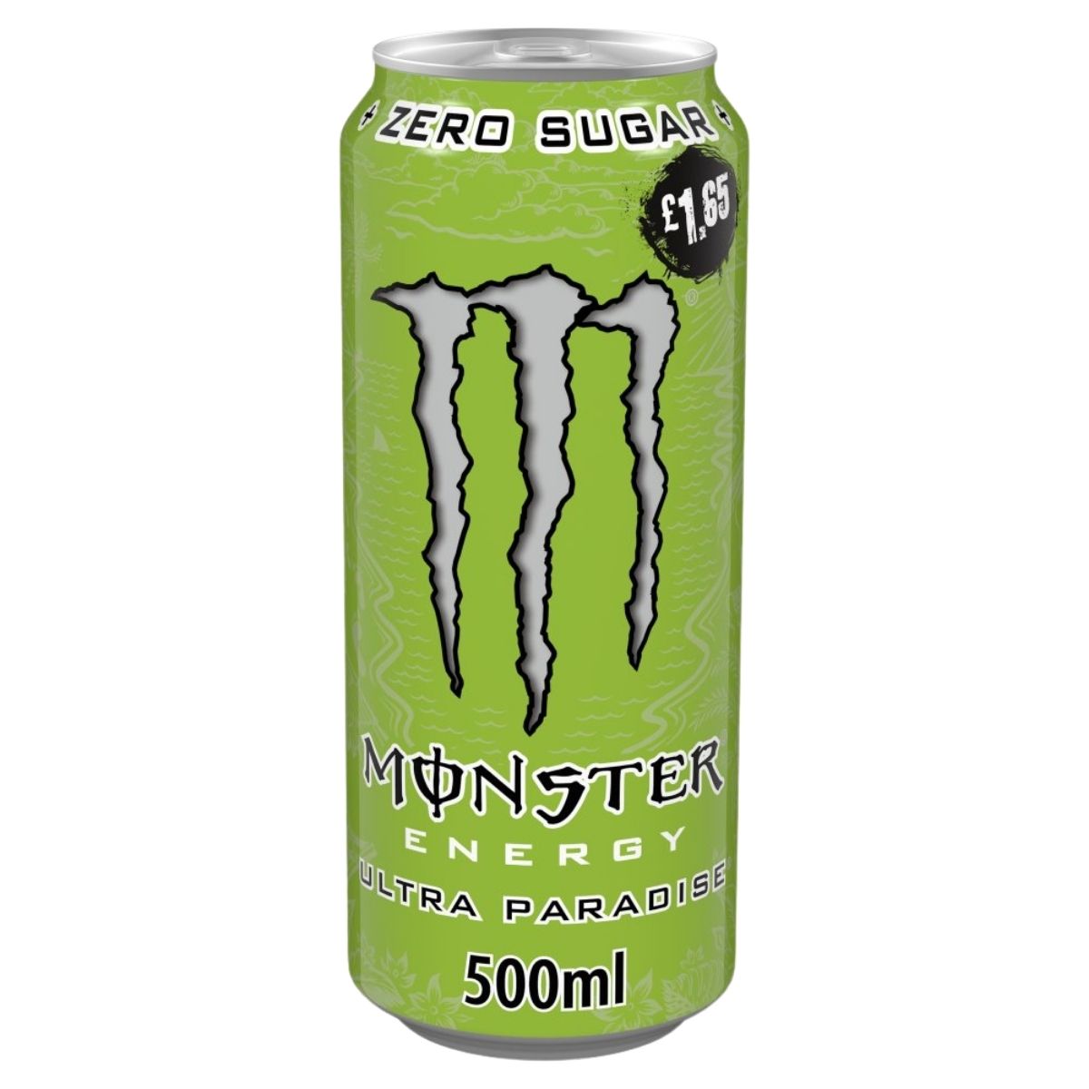 A 500ml can of Monster Ultra Paradise Zero Sugar Energy Drink by Monster, with tropical fruit flavour and green design, features a £1.65 price label on the top right.