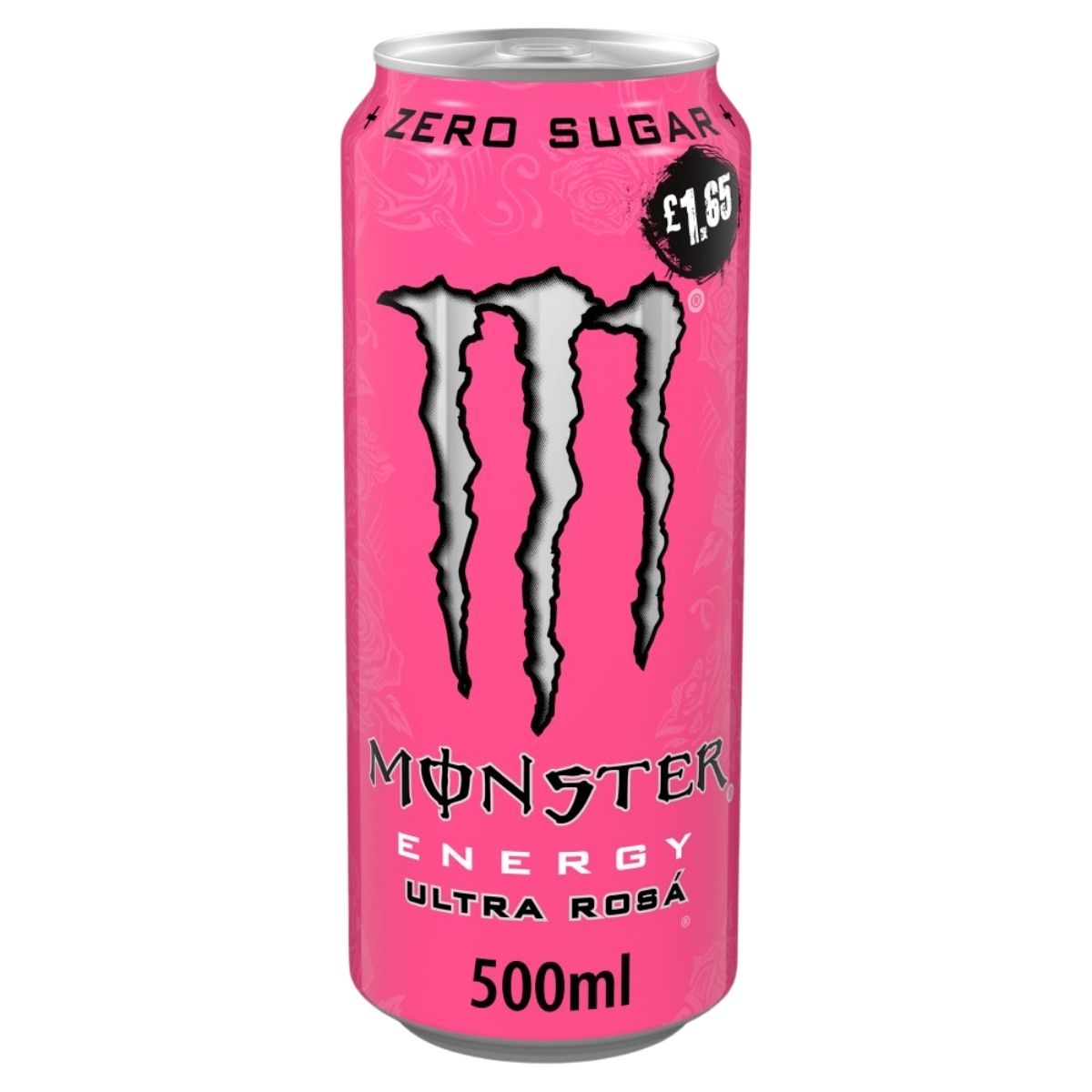 A 500ml can of Monster Ultra Rosa Energy Drink by Monster, in pink with the Monster logo, "zero sugar," and a £1.65 price label.