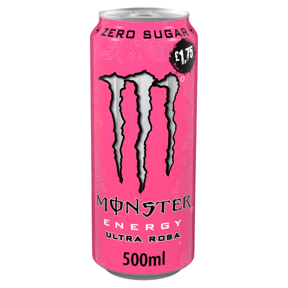 A 500ml can of Monster Ultra Rosa Energy Drink by Monster, featuring a vibrant pink design, pink grapefruit flavor, zero sugar label, and a prominently displayed £1.75 price mark at the top right.