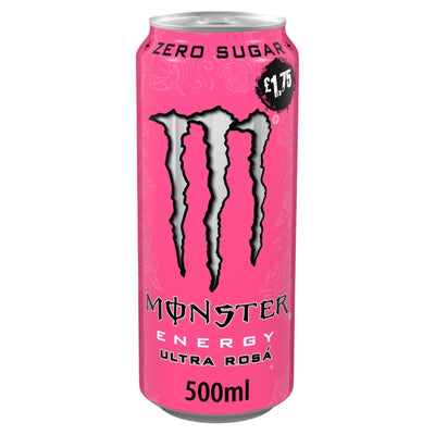 A 500ml can of Monster Ultra Rosa Energy Drink by Monster, featuring a vibrant pink design, pink grapefruit flavor, zero sugar label, and a prominently displayed £1.75 price mark at the top right.