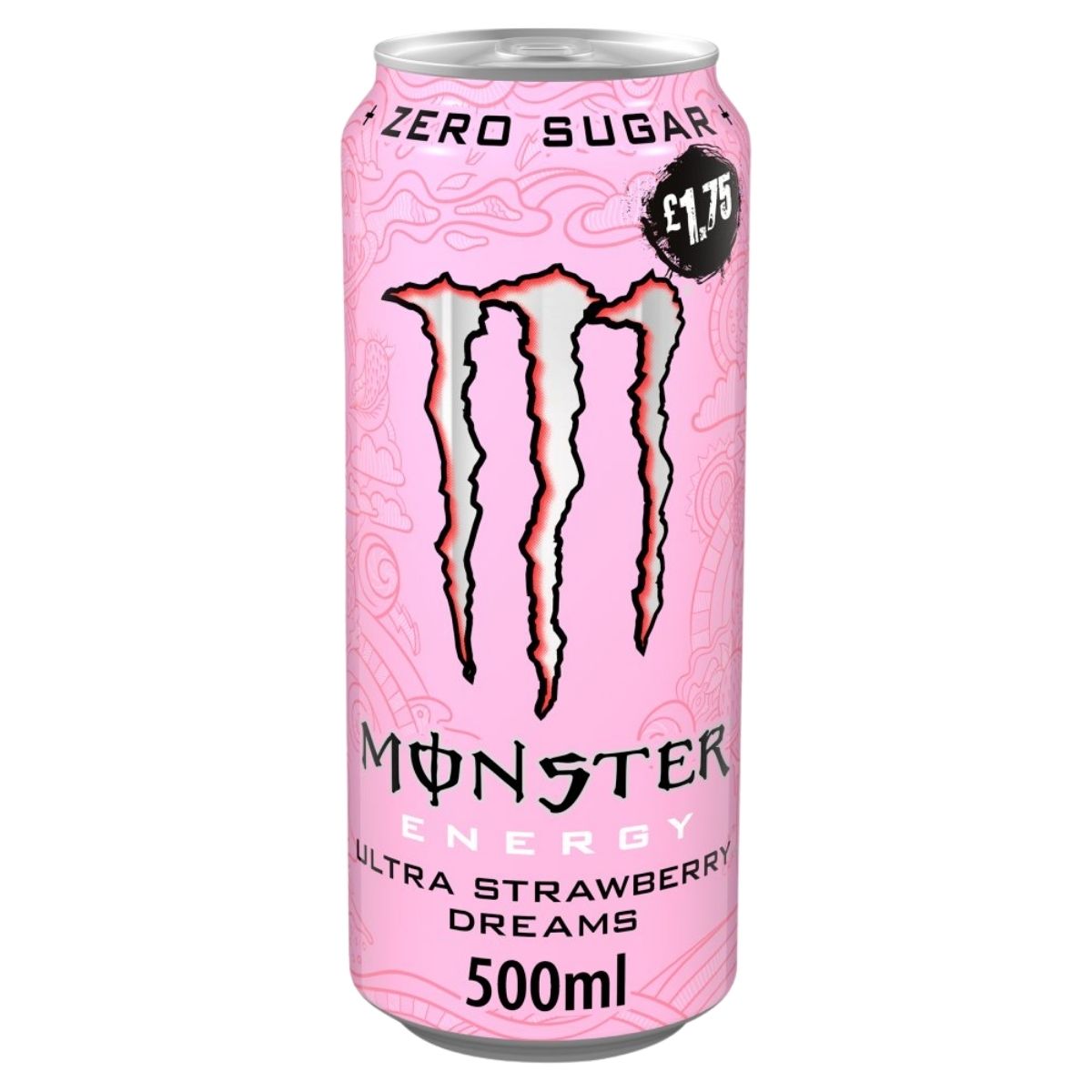 Pink Monster Energy drink can with strawberry flavor on a white background