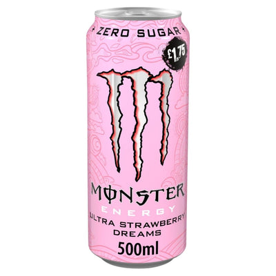 Pink Monster Energy drink can with strawberry flavor on a white background