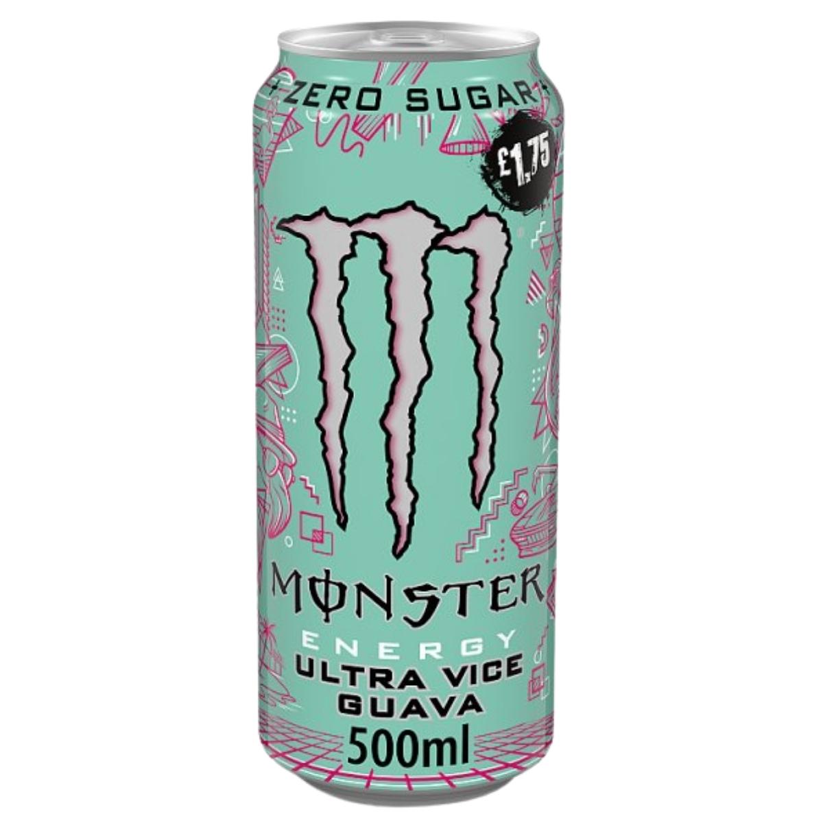 A 500ml can of Monster - Ultra Vice Guava Energy Drink from Monster, with zero sugar and a mint green design, is priced at £1.75.