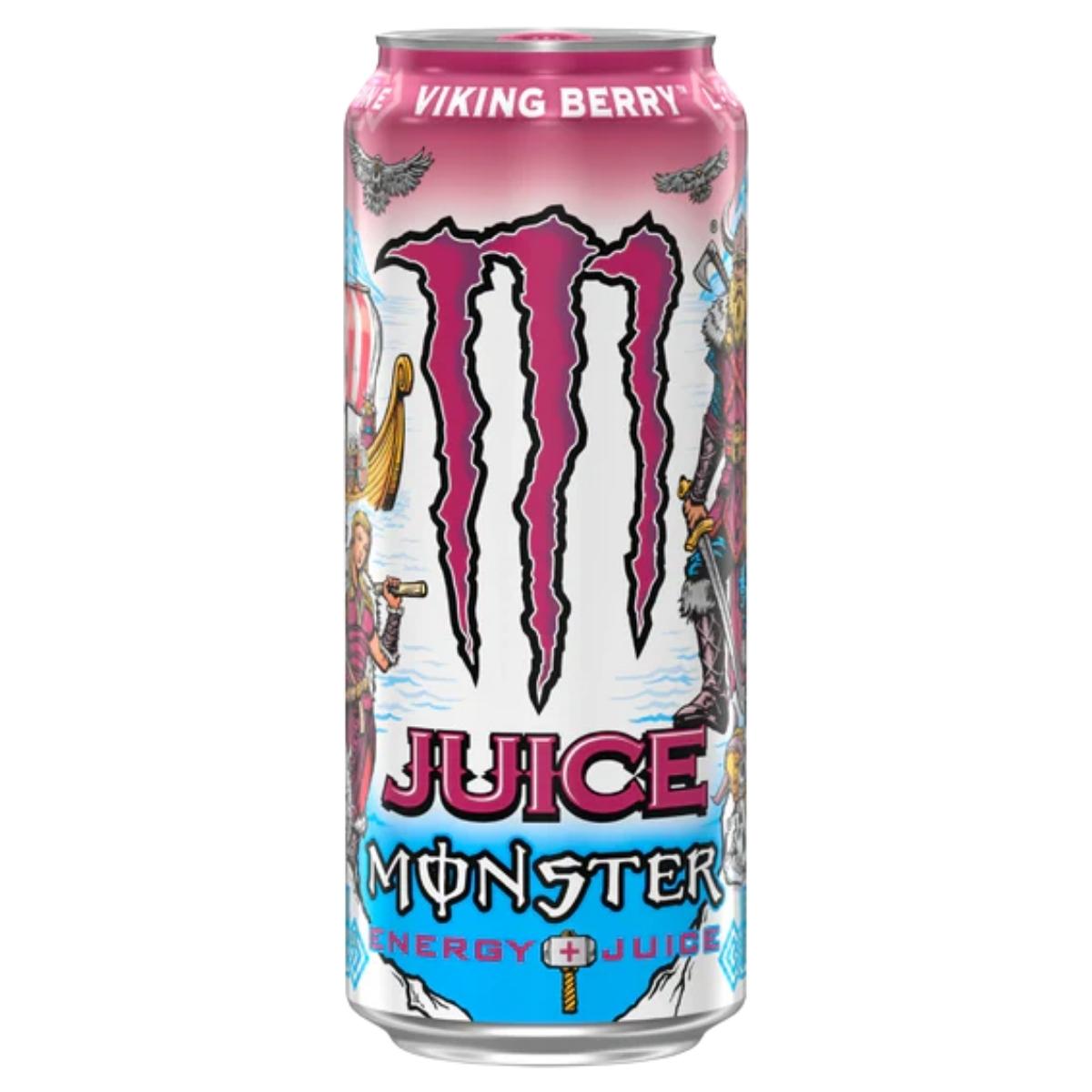 A 500ml can of Monster Viking Berry Energy Juice, featuring a pink and white design with Viking-themed graphics.