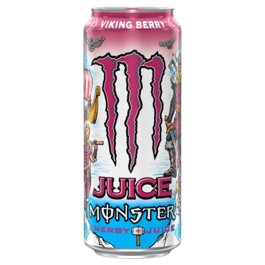 A 500ml can of Monster Viking Berry Energy Juice, featuring a pink and white design with Viking-themed graphics.
