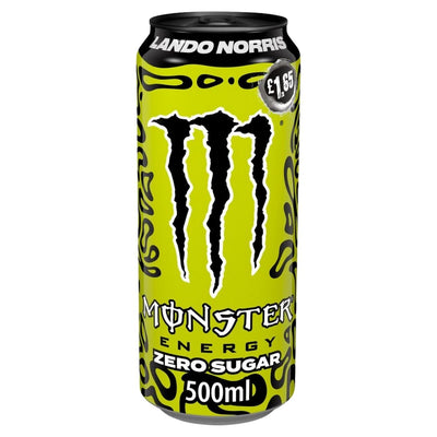 A 500ml can of Monster Zero Sugar Lando Norris Energy Drink by Monster, featuring a yellow design, “Lando Norris” on top, and a £1.65 price sticker.