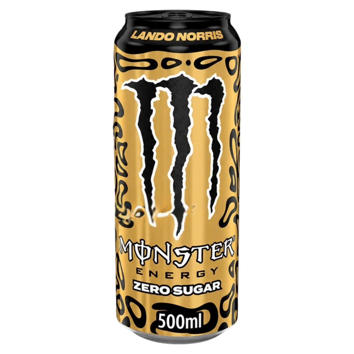 A 500ml can of Monster - Zero Sugar Lando Norris Energy Drink by Monster, featuring a bold yellow and black design with “Lando Norris” displayed on the top rim.