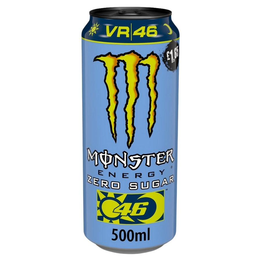 A 500ml can of Monster - Zero Sugar Rossi Energy Drink featuring blue and yellow VR46 branding inspired by Valentino Rossi, with a £1.65 price sticker on top.
