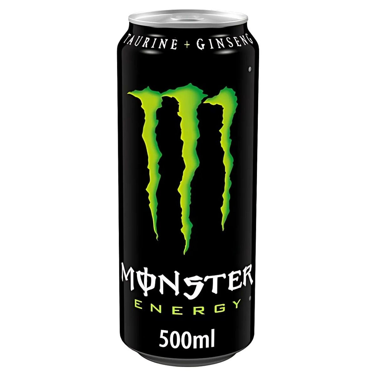 Monster - Energy Drink - 500ml by Monster features a black can with a green claw logo, loaded with caffeine and marked "Taurine + Ginseng" at the top.