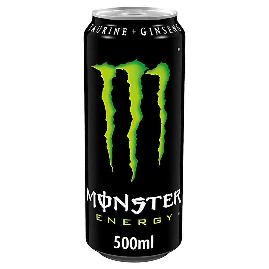 Monster - Energy Drink - 500ml by Monster features a black can with a green claw logo, loaded with caffeine and marked "Taurine + Ginseng" at the top.