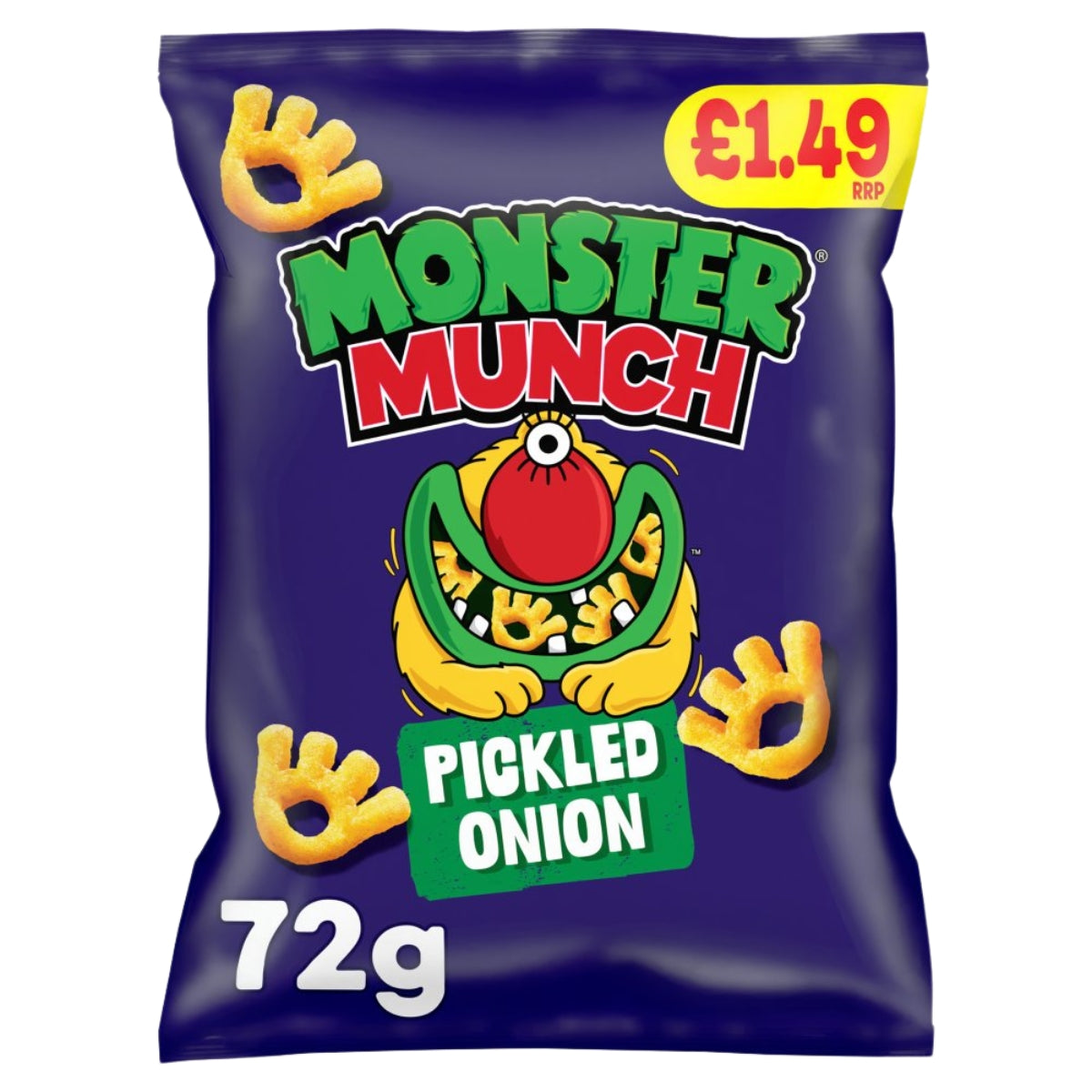 A 72g bag of Monster Munch - Pickled Onion Crisps, price marked at £1.49.