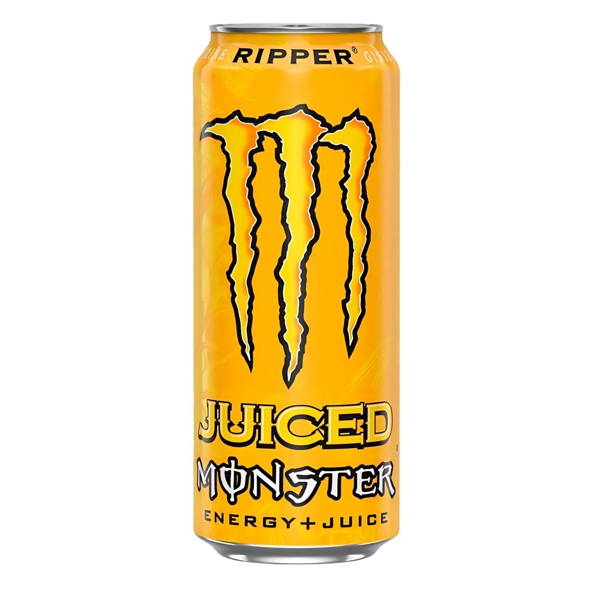 A 500ml can of Monster - Ripper Juiced Energy Drink features a vibrant orange and yellow design with the bold Monster logo and "Energy + Juice" text. Enjoy its invigorating tropical flavor blend to power your day.