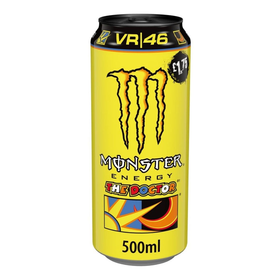 A 500ml can of Monster - The Doctor Energy Drink features the yellow VR46 design, priced at £1.75, and delivers an invigorating boost for energy and focus.