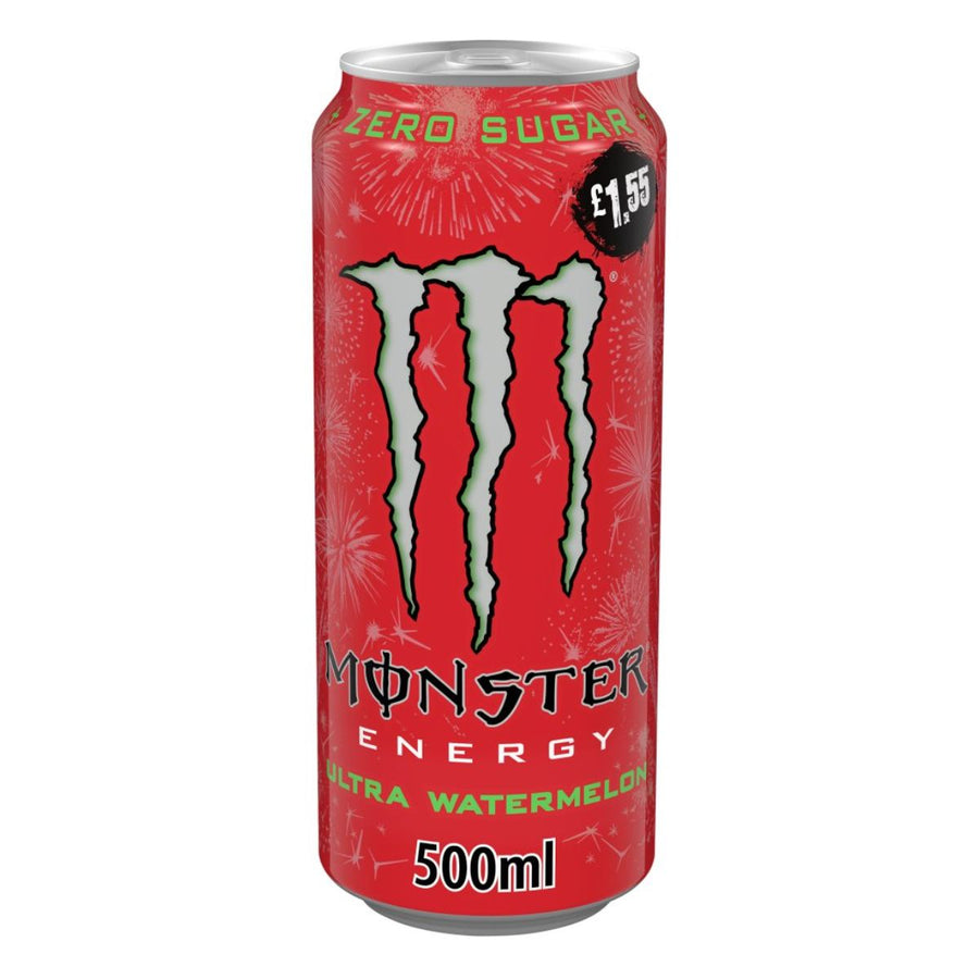 Monster - Ultra Watermelon Energy Drink - 500ml comes in a red can with green logo, offers bold watermelon flavour, is zero sugar, and costs £1.55.