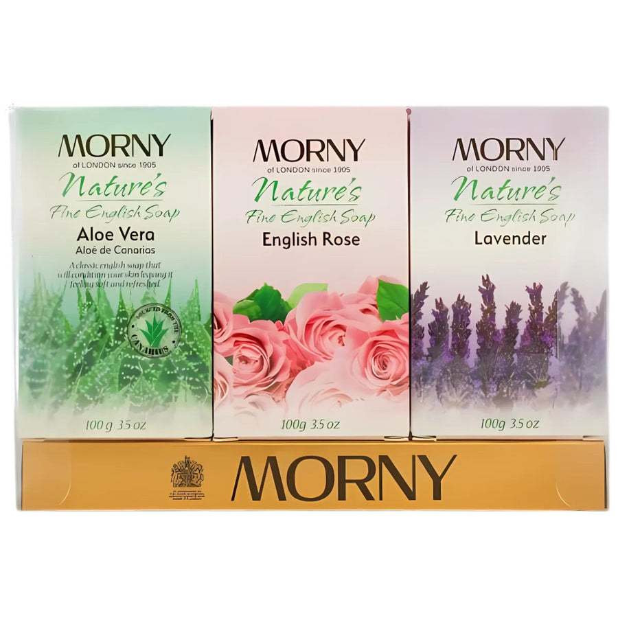 Morny Nature's Fine 3 Mixed English Soaps includes Lavender, English Rose, and Aloe Vera varieties, each 100g, beautifully packaged.