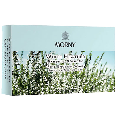 Box of Morny White Heather Fine English Soap, 3.5oz x 3, a luxury soap with a blooming heather scent and elegant packaging featuring English and French product details.
