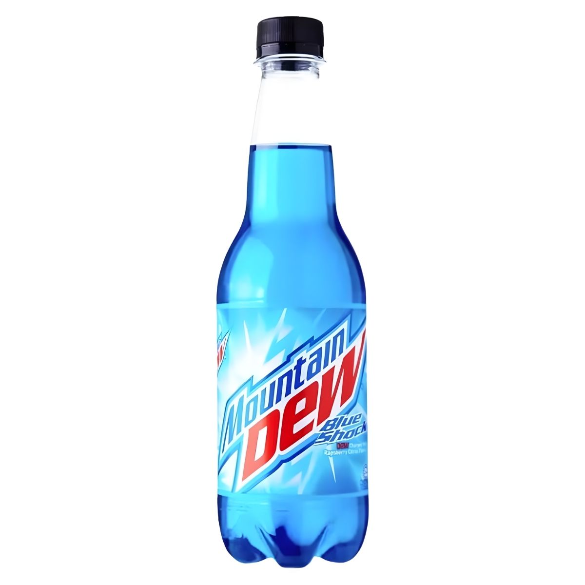 Mountain Dew - Blue Shock is a 400ml carbonated raspberry citrus flavoured energy drink with a vibrant blue liquid and a label featuring the product name.