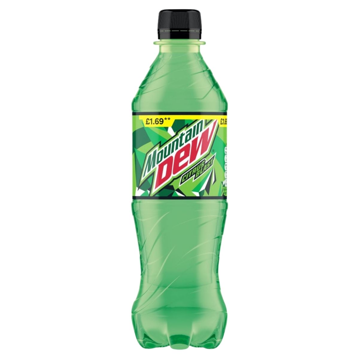 A 500ml Mountain Dew - Citrus Blast bottle with a green label and black cap, priced at £1.69.