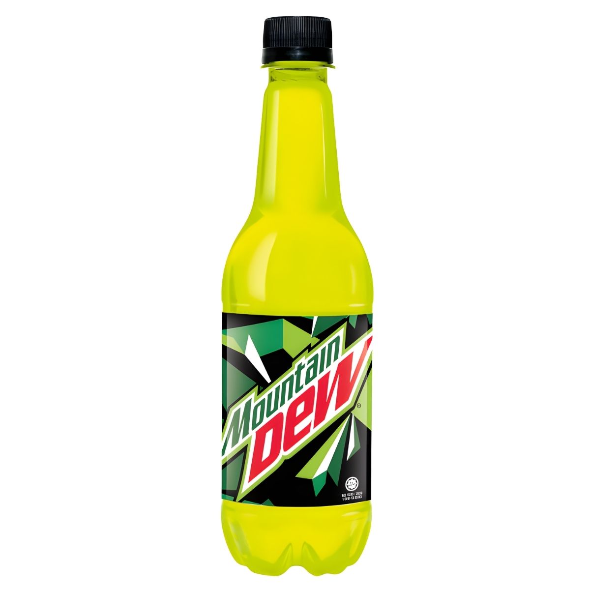 A 400ml plastic bottle of Mountain Dew - Original Carbonated Lemon Flavoured Energy Drink, featuring a black cap and a green, yellow, and black label with the Mountain Dew logo.