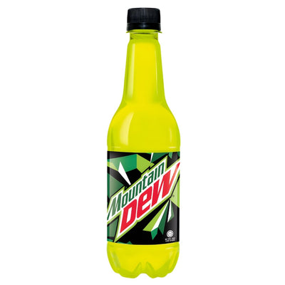 A 400ml plastic bottle of Mountain Dew - Original Carbonated Lemon Flavoured Energy Drink, featuring a black cap and a green, yellow, and black label with the Mountain Dew logo.