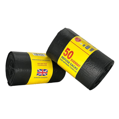 Two rolls of black refuse sacks with yellow labels reading "50 Everyday Refuse Sacks," featuring a British flag, showcase the Moxy - Everyday Refuse Sacks (72x85cm). These durable sacks are ideal for everyday waste disposal.