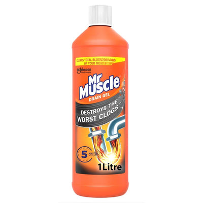 Mr. Muscle Drain Gel 1000ml quickly unblocks drains and destroys tough clogs in 5 minutes. Comes in a bottle with an orange label featuring pipes.